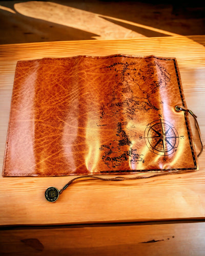 Retro Dark Brown Leather Pencil Case with Treasure Map Motif - Elegant Bag for Storing Writing Treasures