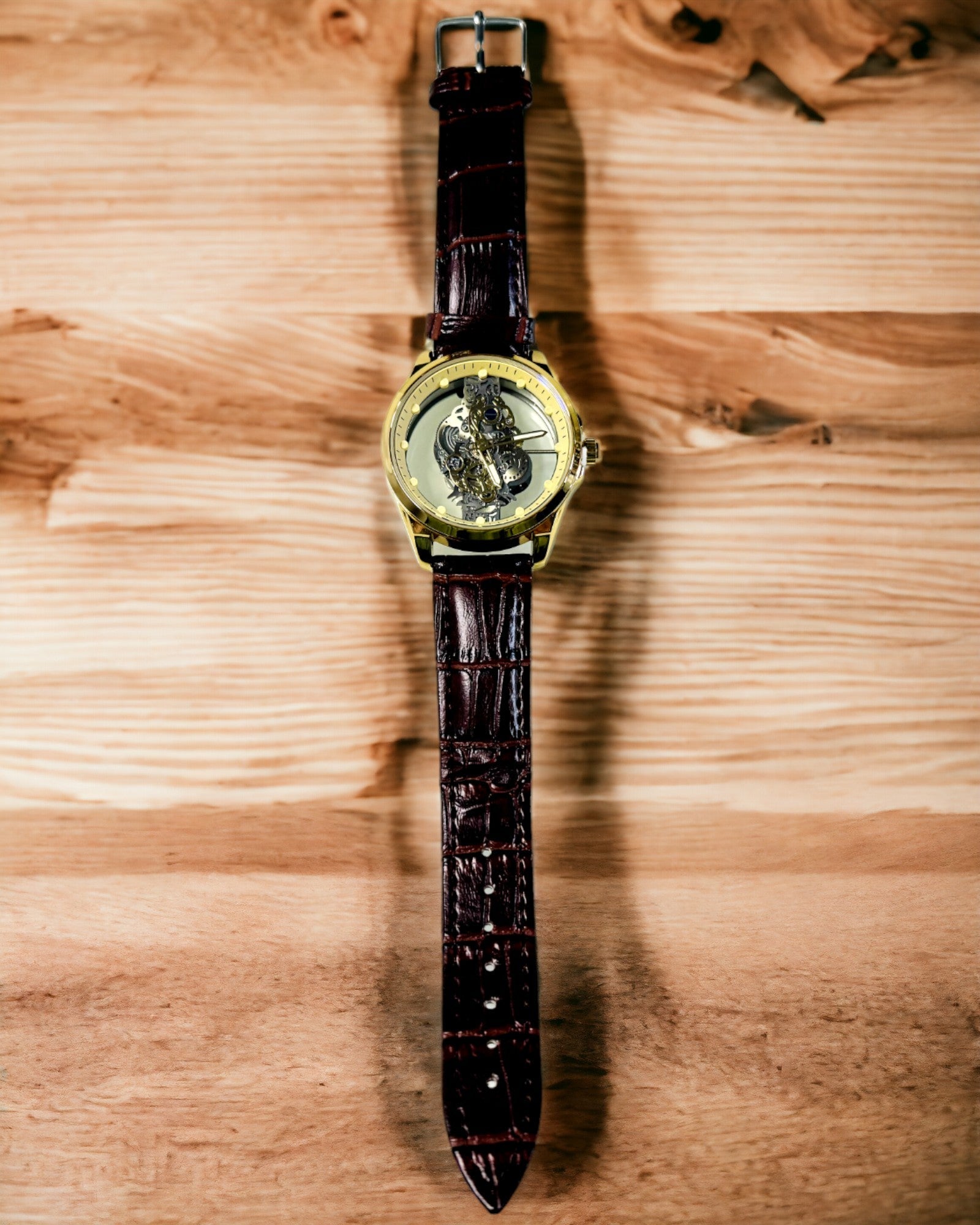 Men's Watch with Transparent Mechanism - Elegance and Precision in a Golden Setting