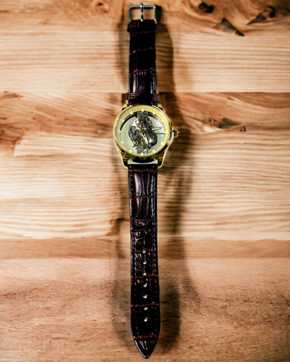 Men's Watch with Transparent Mechanism - Elegance and Precision in a Golden Setting