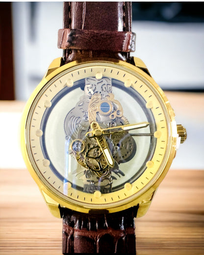 Men's Watch with Transparent Mechanism - Elegance and Precision in a Golden Setting