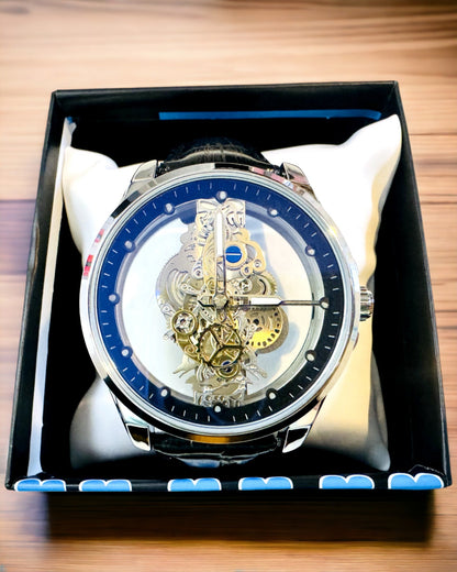 Men's Quartz Watch with Transparent Dial - Classic Elegance in a Modern Edition black strap. Personalization with engraving
