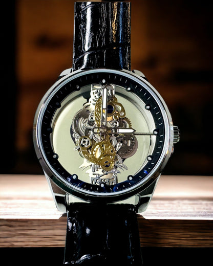 Men's Quartz Watch with Transparent Dial - Classic Elegance in a Modern Edition black strap. Personalization with engraving