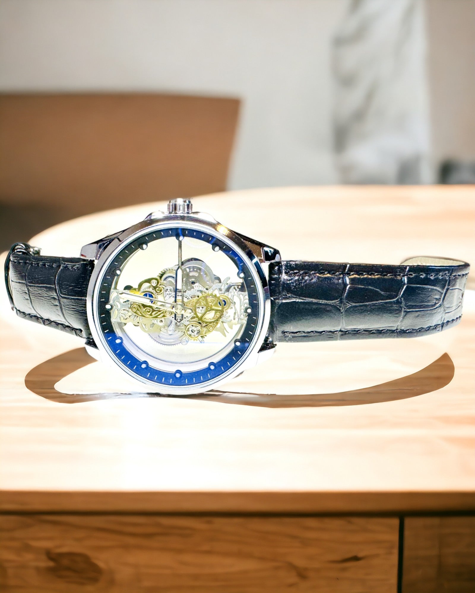 Men's Quartz Watch with Transparent Dial - Classic Elegance in a Modern Edition black strap. Personalization with engraving