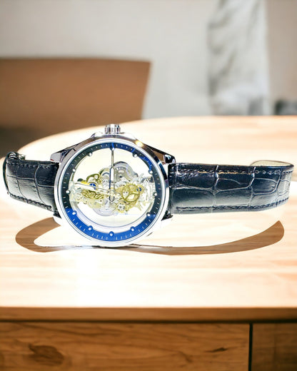 Men's Quartz Watch with Transparent Dial - Classic Elegance in a Modern Edition black strap. Personalization with engraving