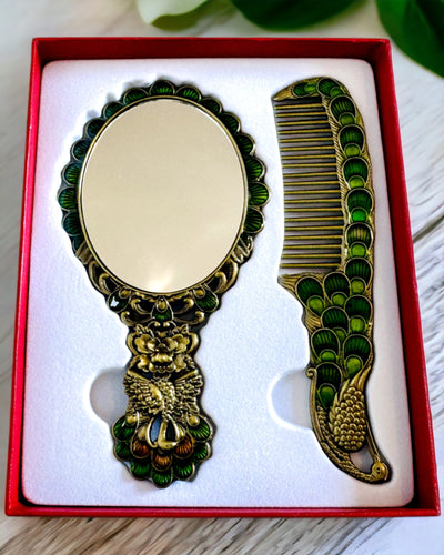 Vintage Set with Mirror and Comb in Peacock Motif - Decorative Cosmetic Accessories