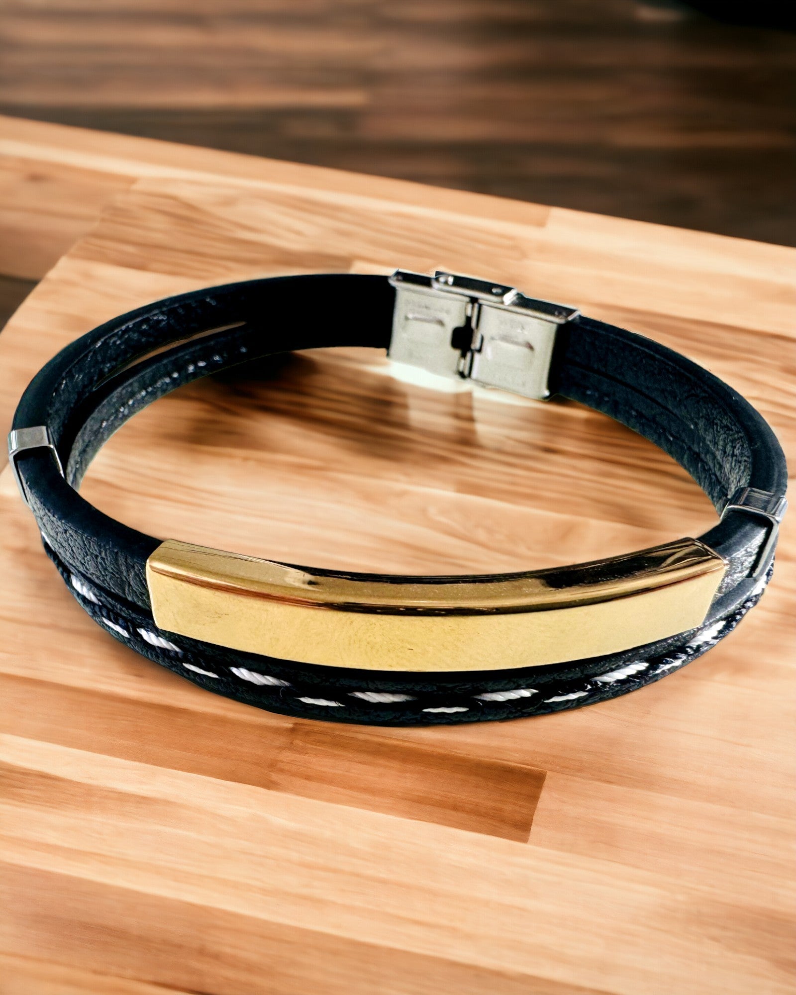 PU Leather and Stainless Steel Sports Bracelet with Engraving Option – 3 Colors
