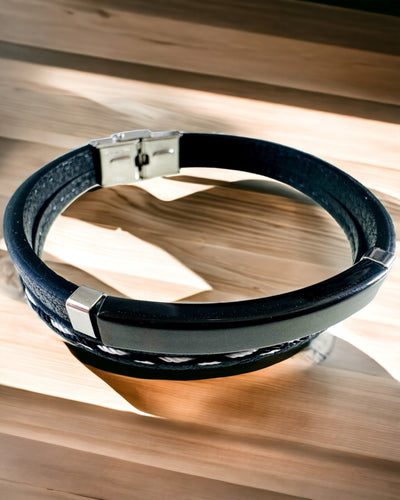 PU Leather and Stainless Steel Sports Bracelet with Engraving Option – 3 Colors