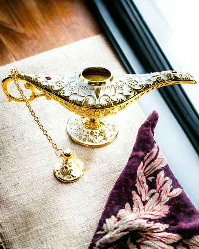 Magic Aladdin Lamp with Engraving Option - White Variant, interwoven with gold