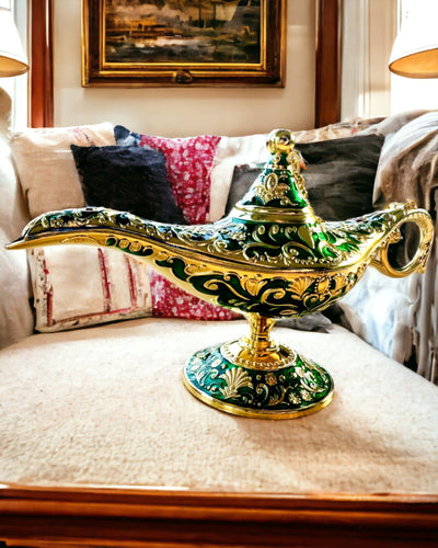 Magic Aladdin Lamp with Engraving Option - Dark Green Variant, interwoven with gold