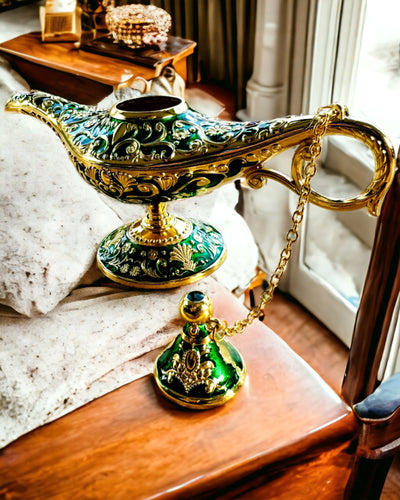 Magic Aladdin Lamp with Engraving Option - Dark Green Variant, interwoven with gold