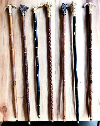 Hand-Carved Travel Cane for Walking "Royal Wanderer" in Brown with Gold Embellishments
