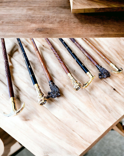 Hand-Carved Travel Cane for Walking "Royal Wanderer" in Brown with Gold Embellishments