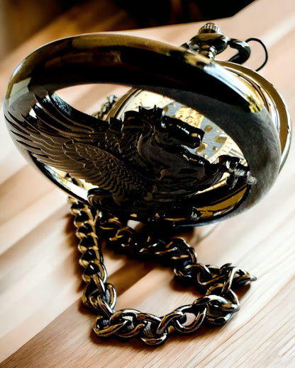 Pocket Watch "Equus Tempus" - Black with Horse Motif, customizable with engraving - white dial