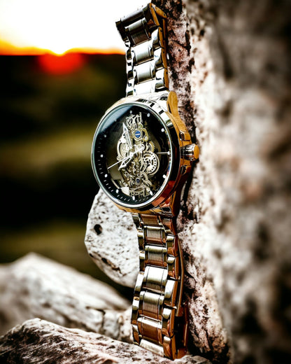 Elegant Men's Watch KIMSDUN Prestige Transparent Mechanism and Sporty Elegance, customizable with engraving