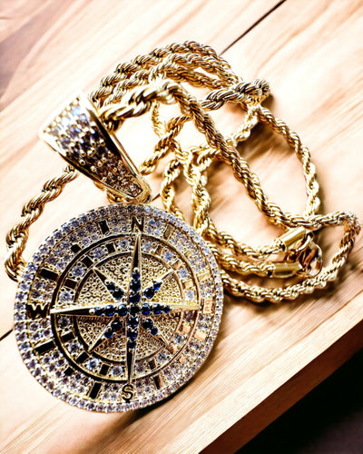 Necklace with Compass Pendant in Glamour Style with Zirconia for Women and Men - gold color, engraving