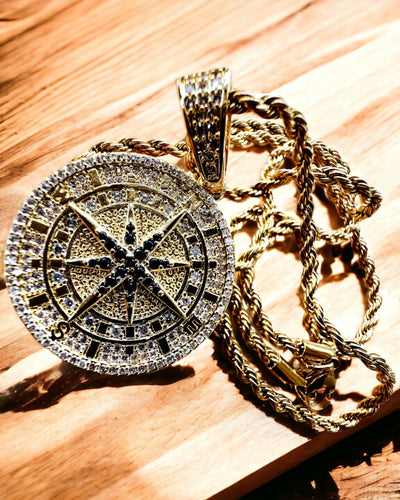 Necklace with Compass Pendant in Glamour Style with Zirconia for Women and Men - gold color, engraving