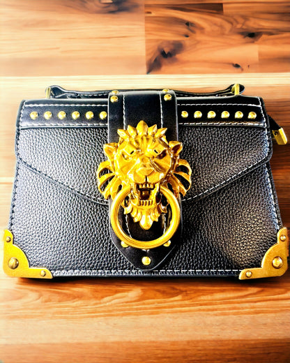 Fashionable Square Shoulder Bag with Lion Accent - color black