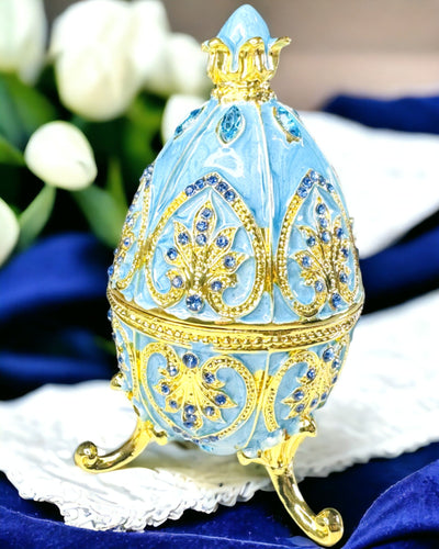 Heavenly Faberge Egg – Enameled Jewelry Organizer - sky blue color. Personalization with engraving