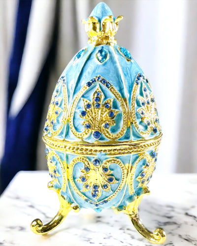 Heavenly Faberge Egg – Enameled Jewelry Organizer - sky blue color. Personalization with engraving