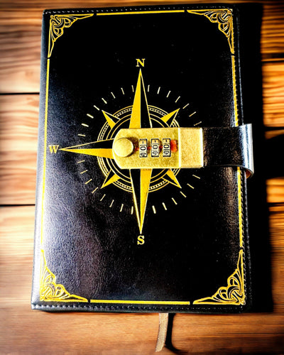 Premium Notebook with Combination Lock A5 - Vintage Style with Compass, Japanese Design, Stationery for Students and Business. Personalization with Engraving