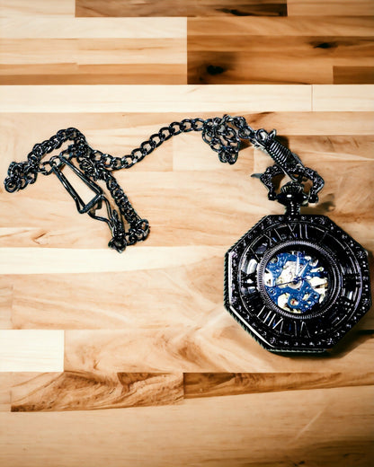 Classic Octagonal Mechanical Steampunk Pocket Watch in Black, Engraving