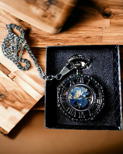 Classic Octagonal Mechanical Steampunk Pocket Watch in Black, Engraving