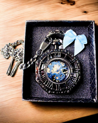 Classic Octagonal Mechanical Steampunk Pocket Watch in Black, Engraving