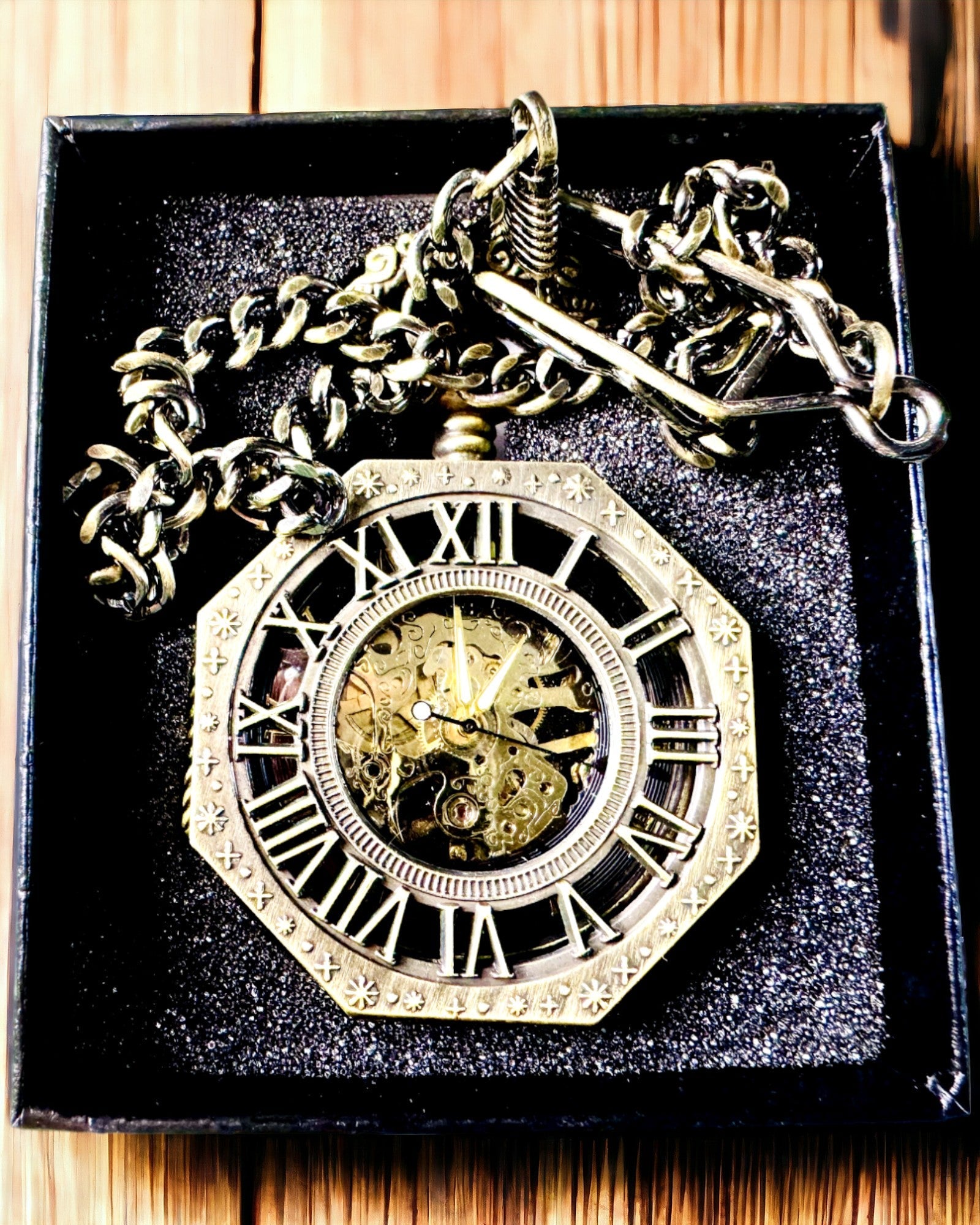 Classic Octagonal Brown Color Mechanical Pocket Watch in Steampunk Style - Timeless