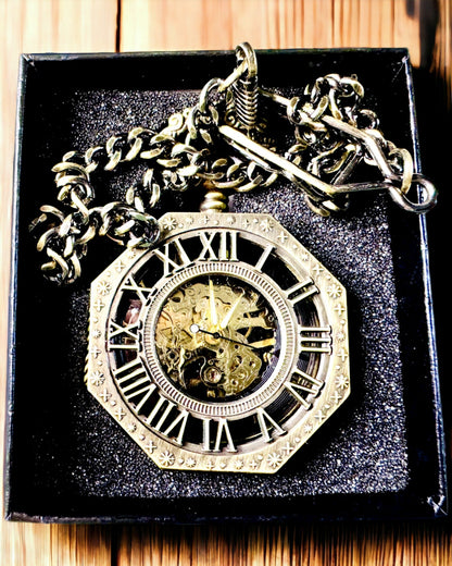 Classic Octagonal Brown Color Mechanical Pocket Watch in Steampunk Style - Timeless
