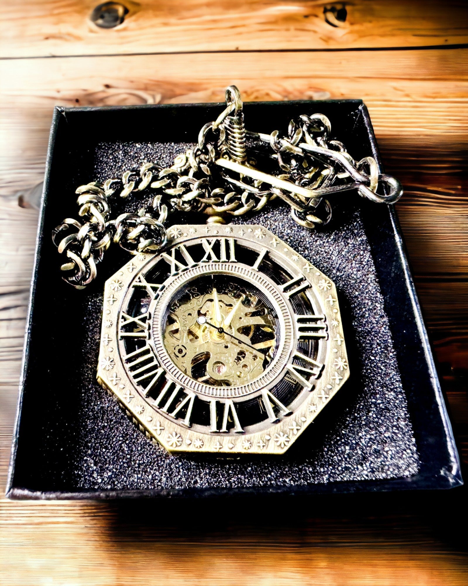 Classic Octagonal Brown Color Mechanical Pocket Watch in Steampunk Style - Timeless