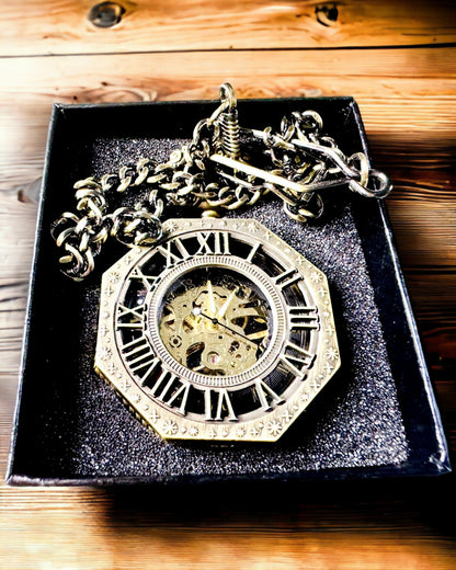 Classic Octagonal Brown Color Mechanical Pocket Watch in Steampunk Style - Timeless