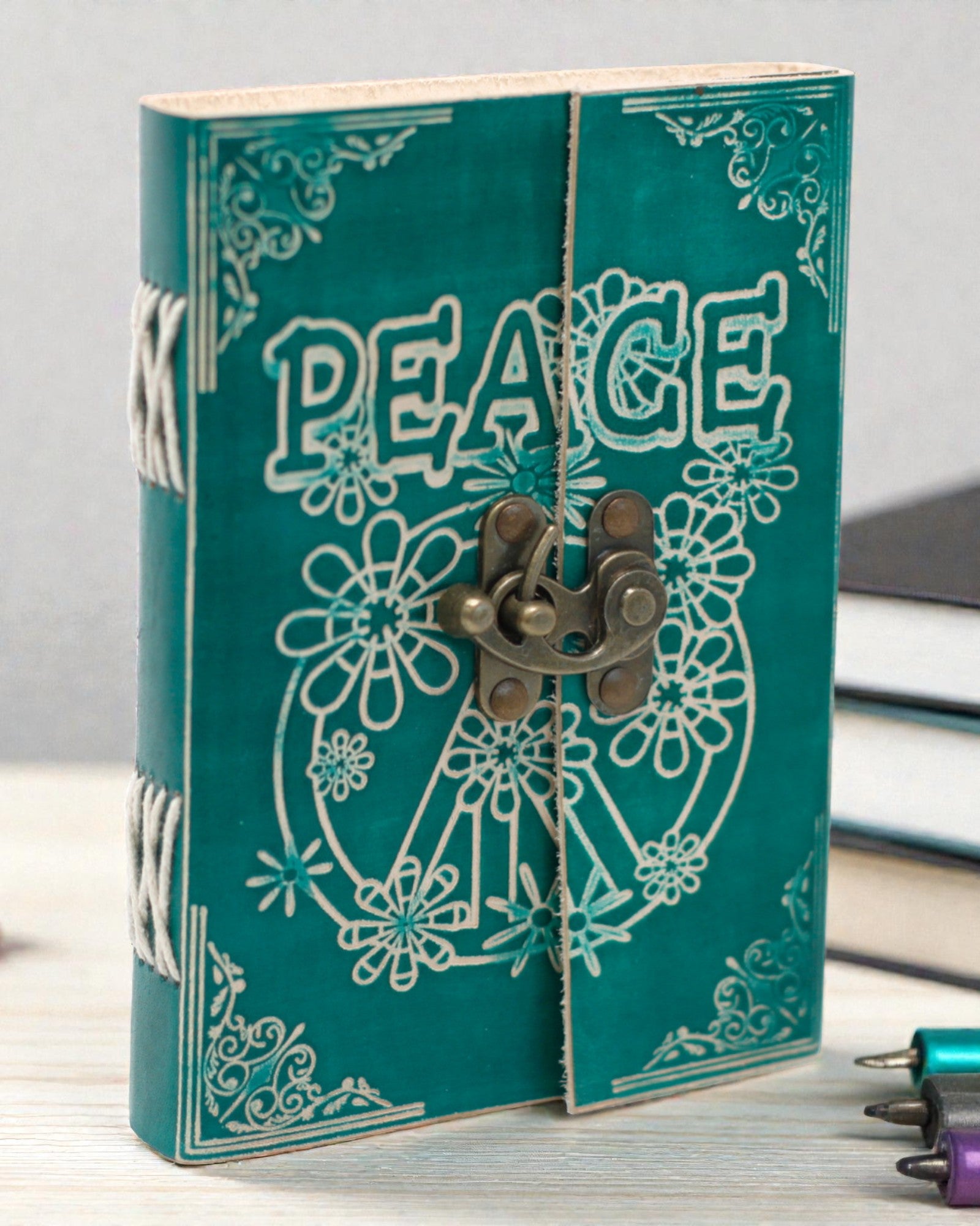 Turquoise Leather Notebook “Peace” with Zipper – Harmony & Calm (18 x 13 cm)
