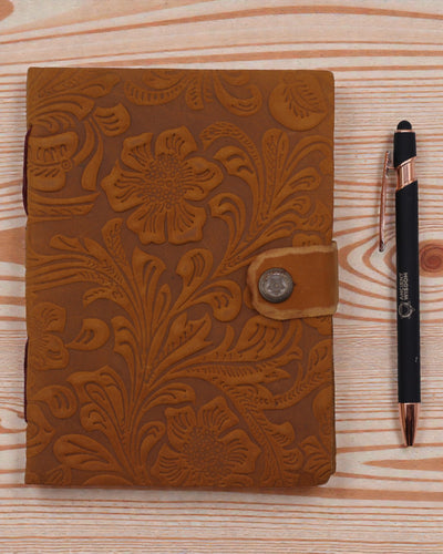 Leather Notebook with Embossed Flowers – brown (17.8 x 12.7 cm)