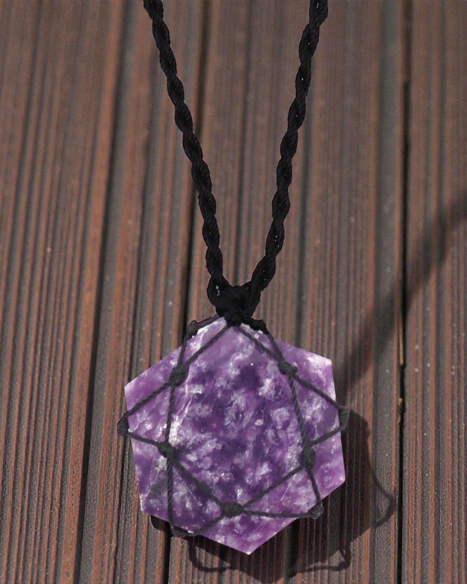 Hexagon of Soothing – Macramé Necklace with Lepidolite