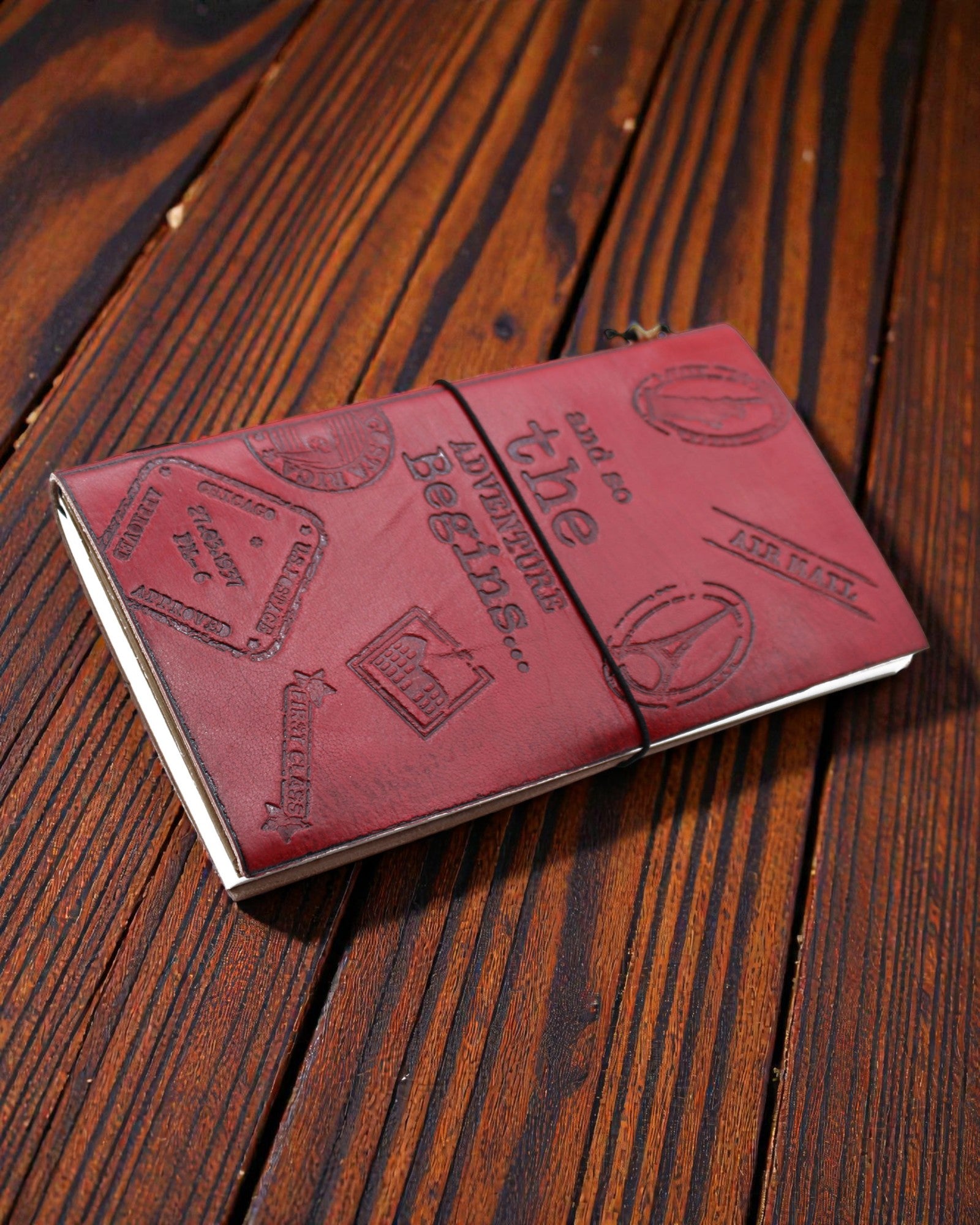 The Adventure Begins – red handmade leather notebook 22 × 12 × 1,5 cm, 80 pages