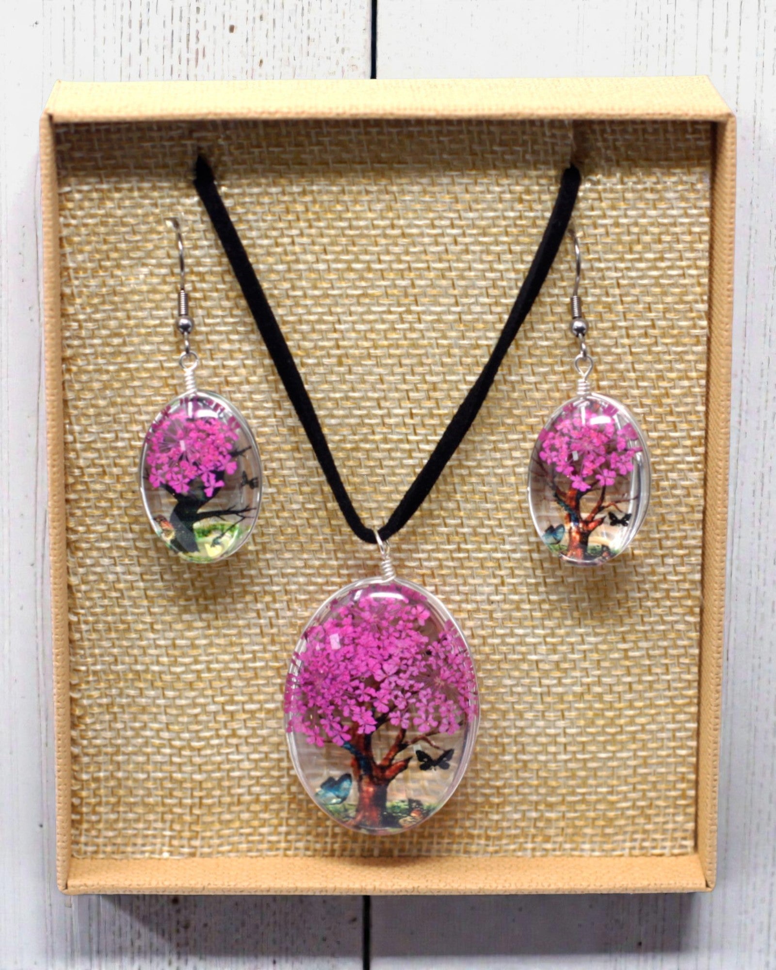 Rose Glow – Light Pink Jewelry Set with Dried Flowers, Tree of Life