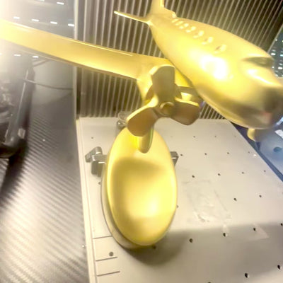 Large Metal Twin-Engine Airplane Model with personalized engraving option, gold, 19.5 x 16.5 x 29 cm