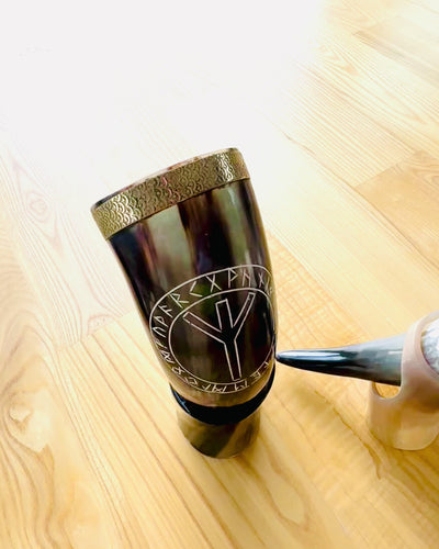 Horn Mug "Viking Valor" - Hand Engraved, Premium Quality - 4 Variants Available