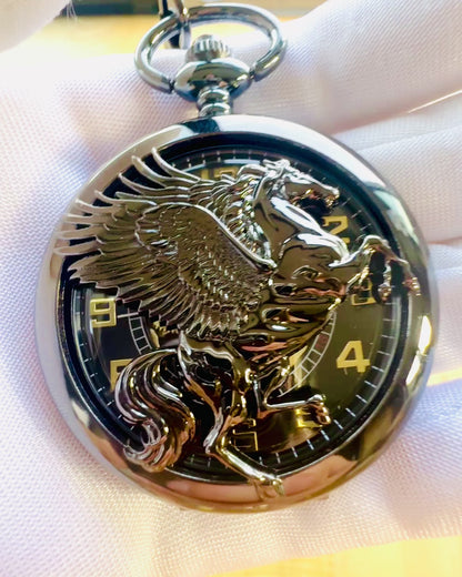 Pocket Watch "Equus Tempus" - Black with Horse Motif, customizable with engraving - black dial