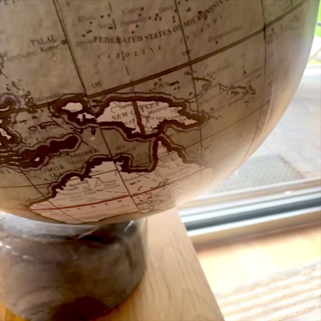 Decorative globe on a 30cm stone base with customizable engraving - elegant gift in shades of gray and black stone