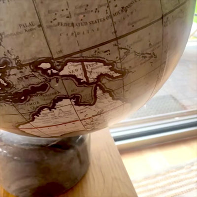 Decorative globe on a 30cm stone base with customizable engraving - elegant gift in shades of gray and black stone