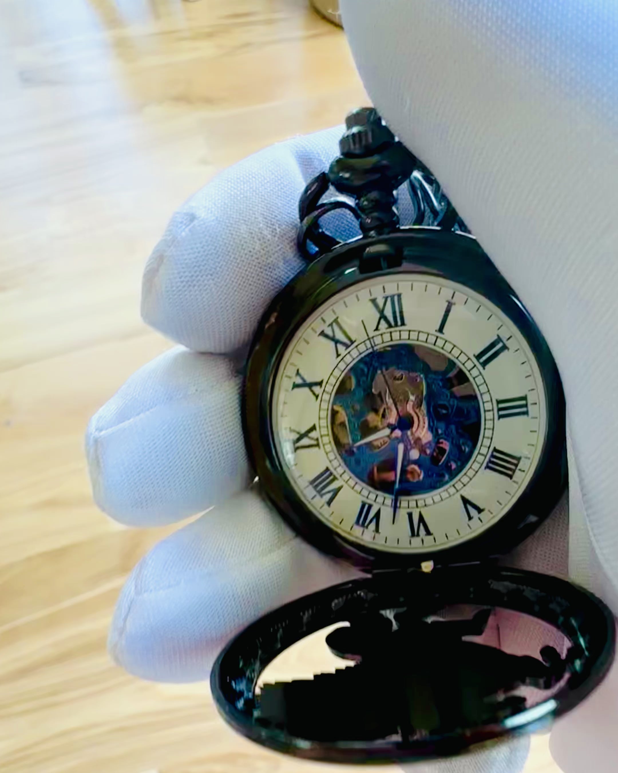 Pocket Watch "Equus Tempus" - Black with Horse Motif, customizable with engraving - white dial