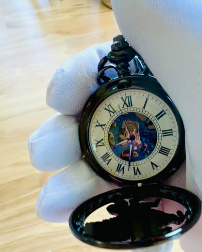 Pocket Watch "Equus Tempus" - Black with Horse Motif, customizable with engraving - white dial