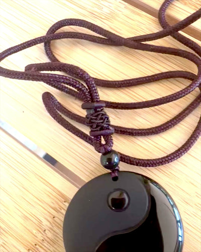 Boho Necklace with Obsidian Yin Yang Tai Chi, customizable with engraving for a gift