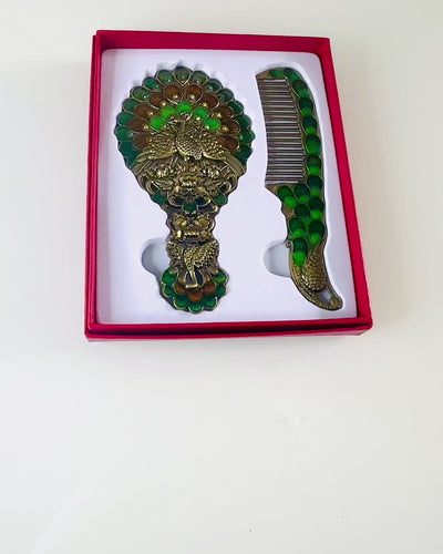 Vintage Set with Mirror and Comb in Peacock Motif - Decorative Cosmetic Accessories
