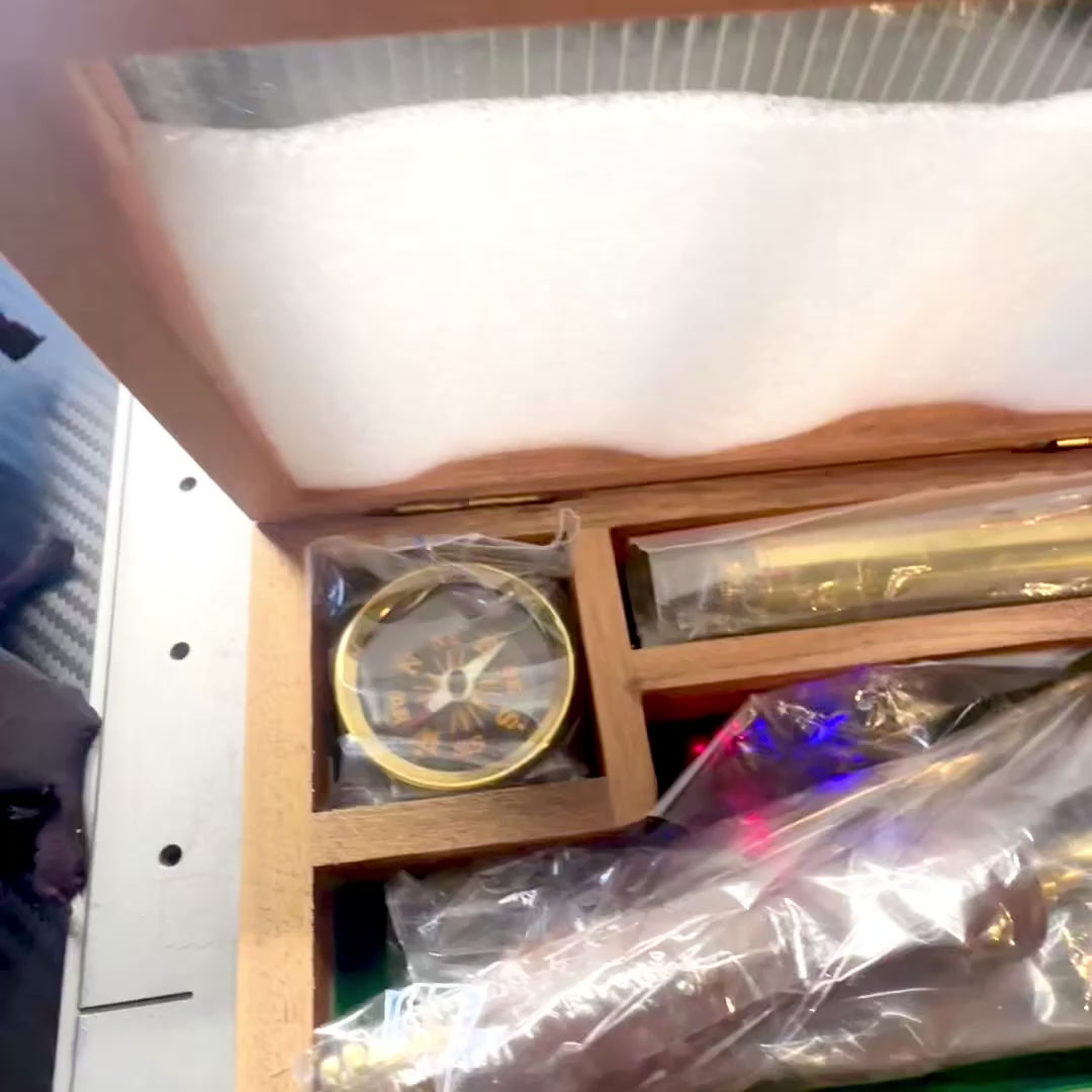 Traveler's Set with Telescope, Compass, and Magnifying Glass in a Wooden Box with Personalized Engraving Option
