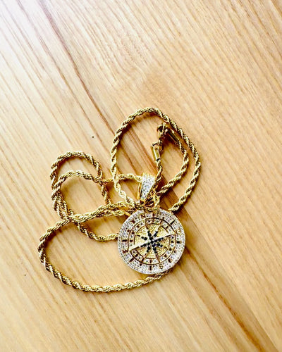Necklace with Compass Pendant in Glamour Style with Zirconia for Women and Men - gold color, engraving