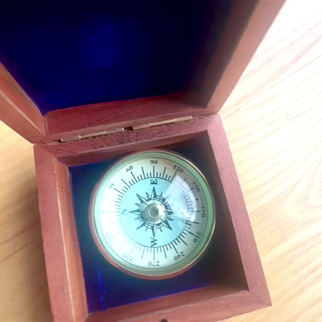 Brass Lens Compass CLEB in a Wooden Box with Engraving