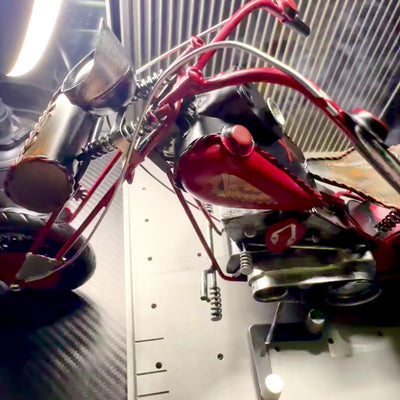 Large classic metal chopper motorcycle model in red with customizable engraving