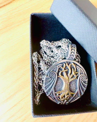 Stainless Steel "Tree of Life" Necklace with Personalization, featuring the Aegishjalmur Symbol (Helm of Awe)